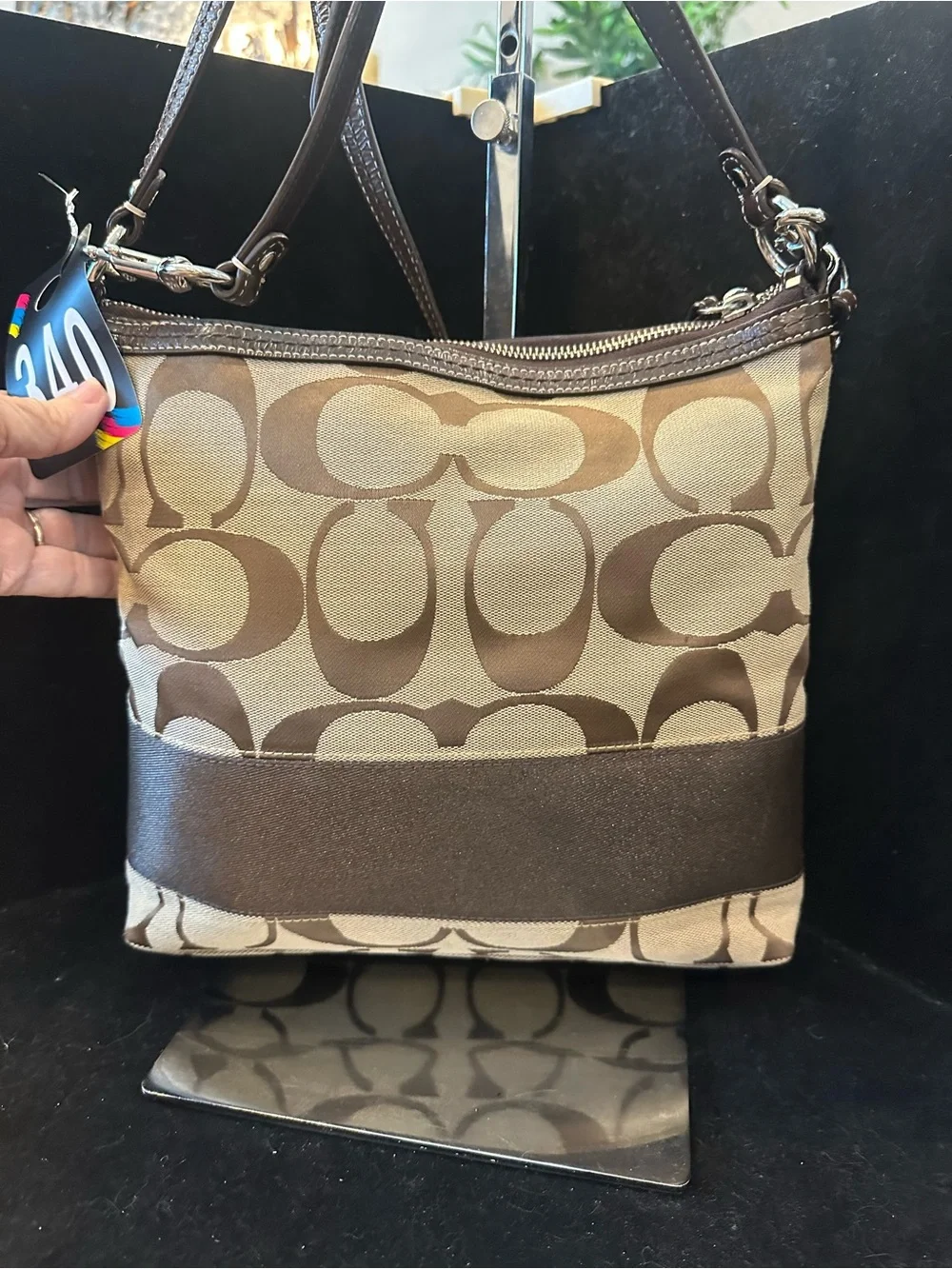 Coach #340 Stripe Brown Signature Canvas and Leather Crossbody